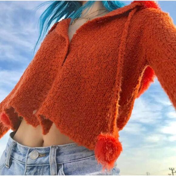 Unif NWT Fuku Orange Fuzzy Hooded Cropped Cardigan Sweater XS - Picture 1 of 12